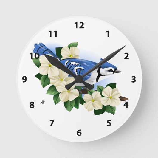 Blume Bluejay und Dogwood Runde Wanduhr (Vorderseite)
