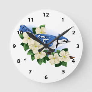 Blume Bluejay und Dogwood Runde Wanduhr