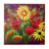 Blume Blume Abstrakt Art Rot Gelb Fliese (Vorderseite)