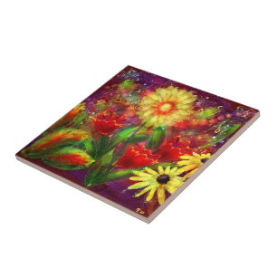 Blume Blume Abstrakt Art Rot Gelb Fliese
