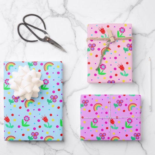 Blume, Blume und Polka Dots Girl Geschenkpapier Set (Vorderseite)