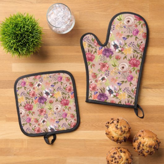 Blume Blumenrosa Muster Ofenhandschuh & Topflappen-Set (Oben Unten)
