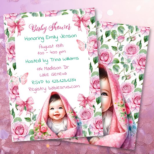 Blume, Bogen und Schmetterlinge Pink Baby Dusche Einladung