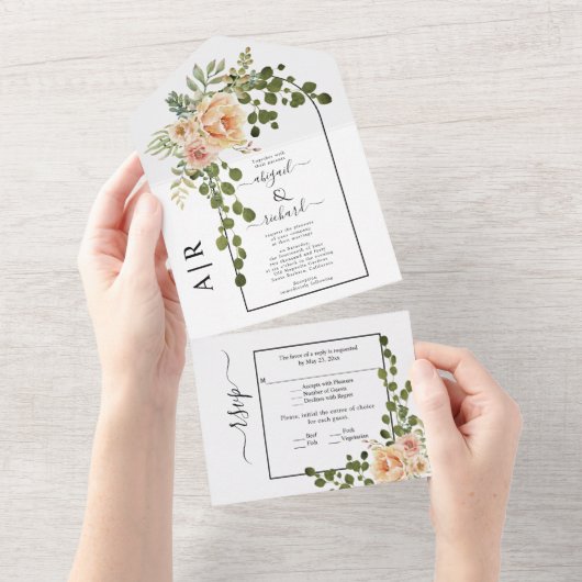 Blume, Bogenhochzeit und Monogramm All In One Einladung (Abreißen)
