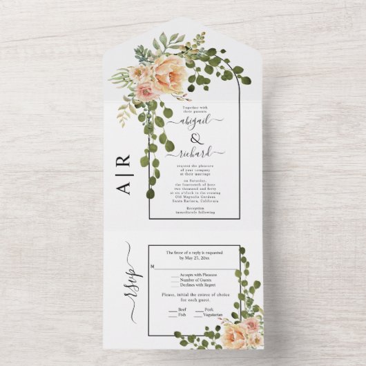 Blume, Bogenhochzeit und Monogramm All In One Einladung (Innen Boden)