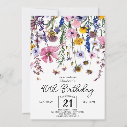 Blume Boho Wildblumen 40. Geburtstag Einladung (Vorderseite)