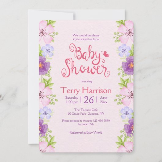 Blume Border Pink Baby Dusche Einladung (Vorderseite)