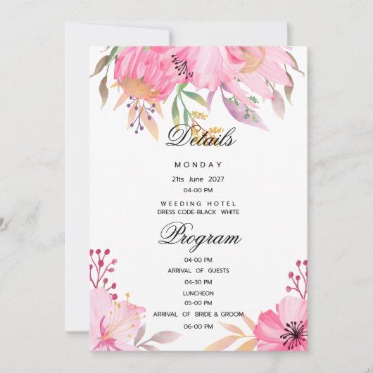 Blume Botanisch-rosa Aquarellfarben - Einzelheiten Einladung (Vorderseite)