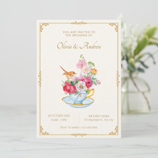 Blume Bouquet ästhetische Teetasse Hochzeit Einladung (Stehend Vorderseite)