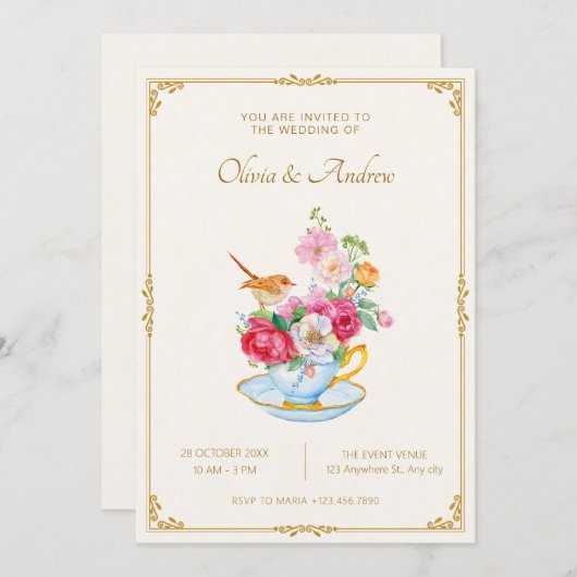 Blume Bouquet ästhetische Teetasse Hochzeit Einladung (Vorne/Hinten)