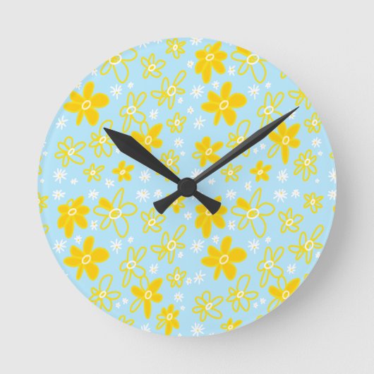 Blume Bouquet Daisy Meadow Sky Yellow White Runde Wanduhr (Vorderseite)