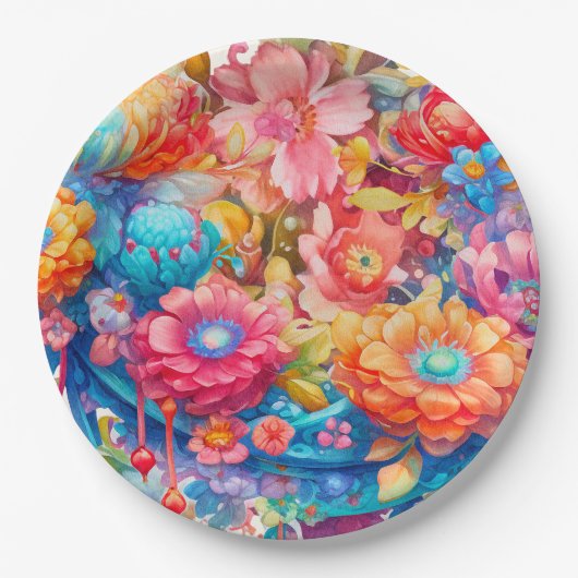 Blume Bouquet in Pink Orange & Blue Boho Pappteller (Vorderseite)