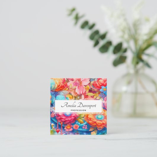 Blume Bouquet in Pink Orange & Blue Boho Quadratische Visitenkarte (Stehend Vorderseite)