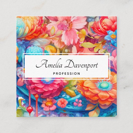 Blume Bouquet in Pink Orange & Blue Boho Quadratische Visitenkarte (Vorderseite)