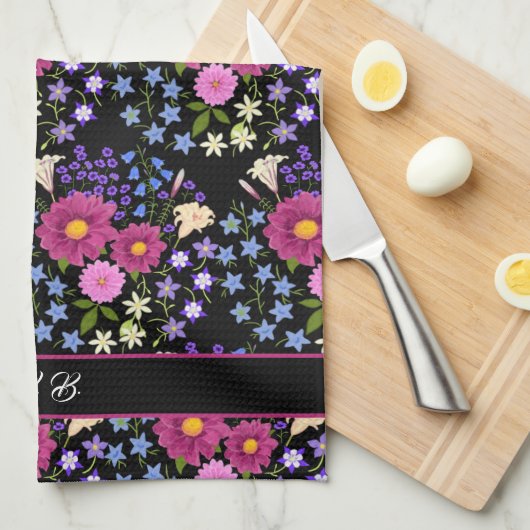 Blume Bouquet Monogram Black Geschirrtuch (Viertel Falte)