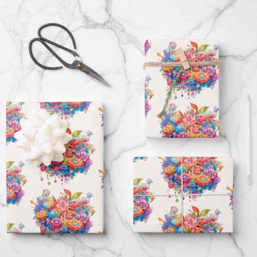 Blume Bouquet Muster in Rosa Orange & Blau Geschenkpapier Set (Vorderseite)