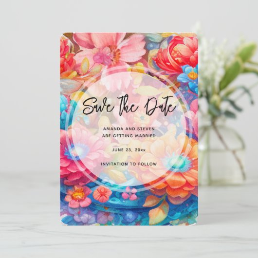 Blume Bouquet Orange & Blue Boho Wedding Save The Date (Stehend Vorderseite)