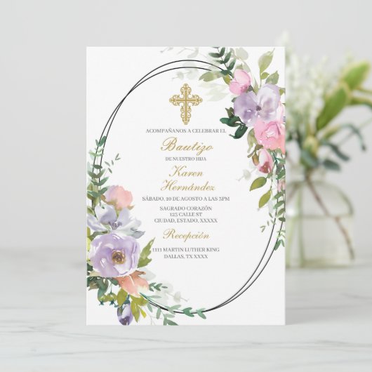 Blume Bouquet Taufe Spanisch Einladung (Stehend Vorderseite)