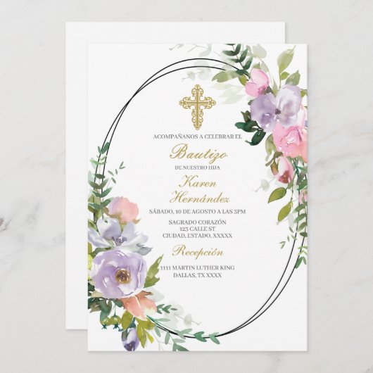 Blume Bouquet Taufe Spanisch Einladung (Vorne/Hinten)