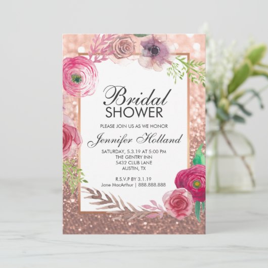 Blume Brautparty Einladen Rosa Rose Gold Glitzer Einladung (Stehend Vorderseite)