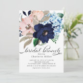 Blume Bridal Brunch in Navy Blue und Blush Einladung (Stehend Vorderseite)