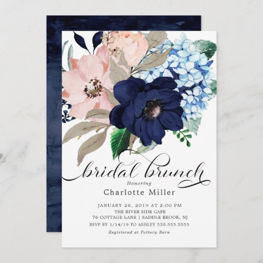 Blume Bridal Brunch in Navy Blue und Blush Einladung (Vorne/Hinten)