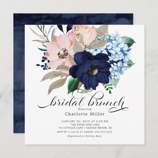 Blume Bridal Brunch in Navy Blue und Blush Einladung (Vorne/Hinten)