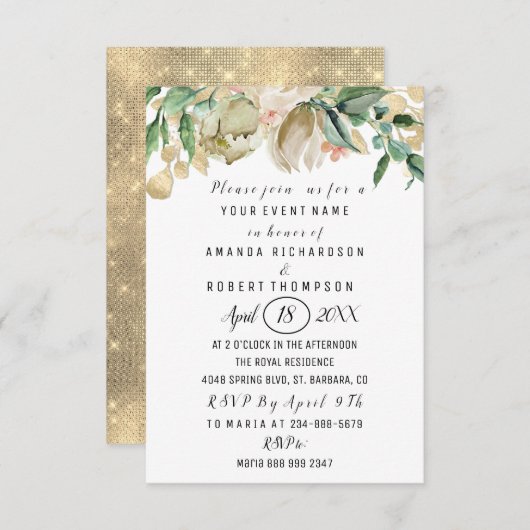 Blume Brunch Minze Green Gold Wasserfarbe Weiß Einladung (Vorne/Hinten)