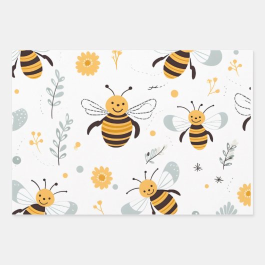 Blume Bubble Bee Wrapping Paper Sheet Set von 3 Geschenkpapier Set (Vorderseite)