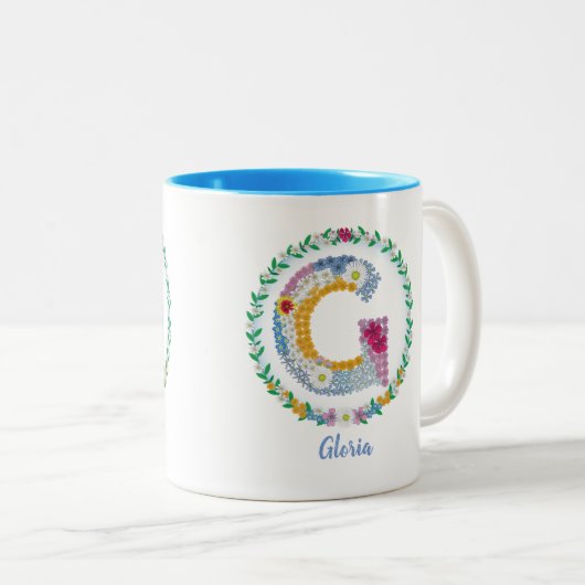 Blume Buchstaben "G" mit Personalisiertem Namen Zweifarbige Tasse (VorderseiteRechts)