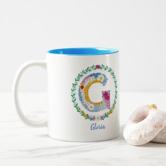 Blume Buchstaben "G" mit Personalisiertem Namen Zweifarbige Tasse (Mit Donut)
