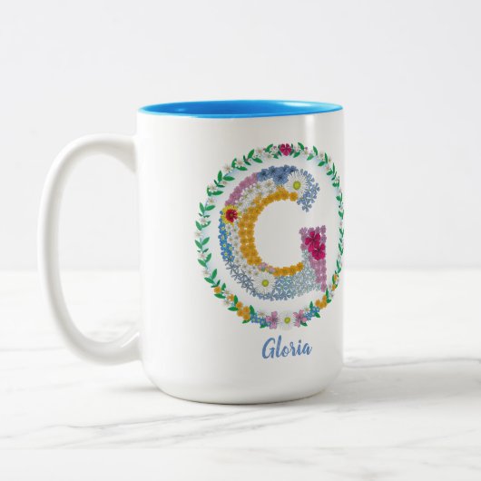 Blume Buchstaben "G" mit Personalisiertem Namen Zweifarbige Tasse (Links)
