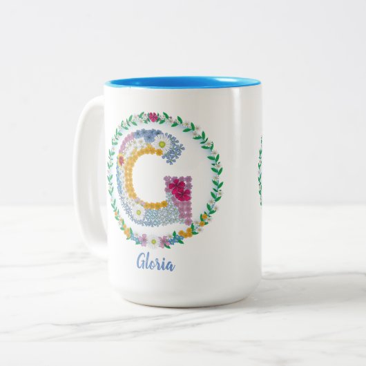 Blume Buchstaben "G" mit Personalisiertem Namen Zweifarbige Tasse (Vorderseite Links)
