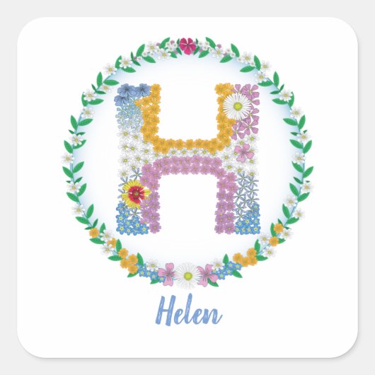 Blume Buchstaben "H" mit Personalisiertem Namen Quadratischer Aufkleber (Vorderseite)