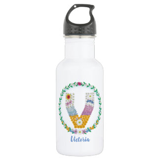 Blume Buchstaben "V" mit Personalisiertem Namen Edelstahlflasche