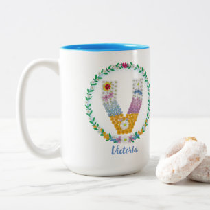 Blume Buchstaben "V" mit Personalisiertem Namen Zweifarbige Tasse