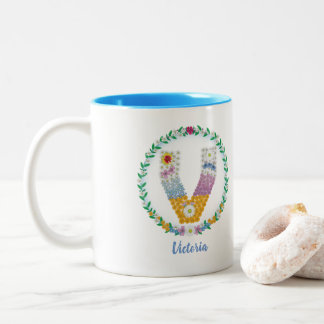 Blume Buchstaben "V" mit Personalisiertem Namen Zweifarbige Tasse
