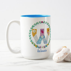 Blume Buchstaben "W" mit Personalisiertem Namen Zweifarbige Tasse