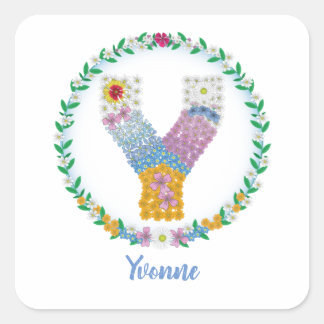 Blume Buchstaben "Y" mit Personalisiertem Namen Quadratischer Aufkleber