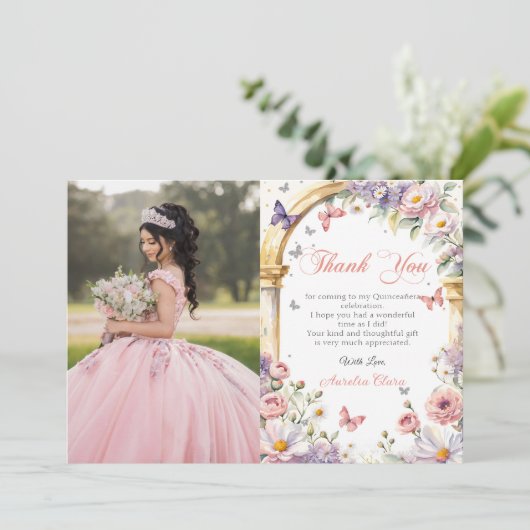 Blume Butterflies Lilac Quinceañera Foto Dankeskarte (Stehend Vorderseite)