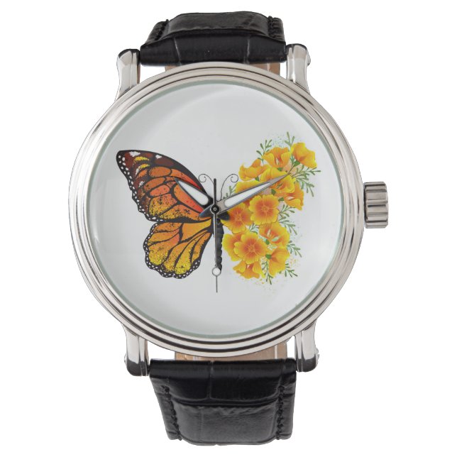 Blume Butterfly mit gelbem Kalifornien-Mohn Armbanduhr (Vorderseite)