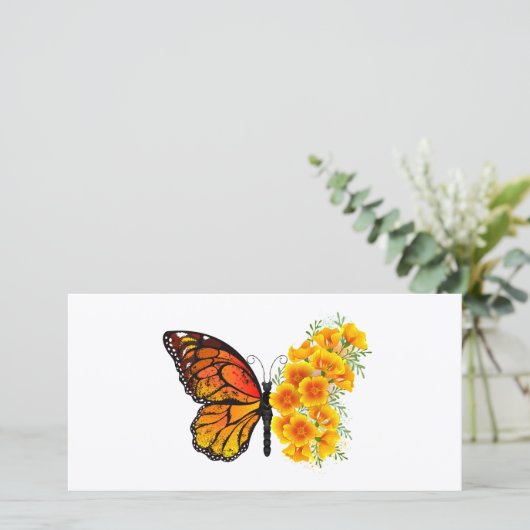 Blume Butterfly mit gelbem Kalifornien-Mohn Dankeskarte (Stehend Vorderseite)