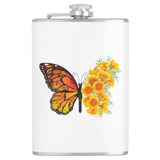 Blume Butterfly mit gelbem Kalifornien-Mohn Flachmann (Vorderseite)