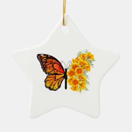 Blume Butterfly mit gelbem Kalifornien-Mohn Keramik Ornament (Vorne)
