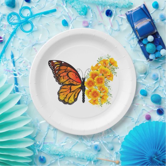 Blume Butterfly mit gelbem Kalifornien-Mohn Pappteller (Party)