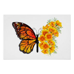 Blume Butterfly mit gelbem Kalifornien-Mohn Poster