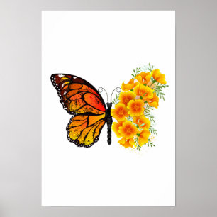 Blume Butterfly mit gelbem Kalifornien-Mohn Poster