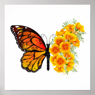 Blume Butterfly mit gelbem Kalifornien-Mohn Poster