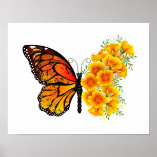 Blume Butterfly mit gelbem Kalifornien-Mohn Poster