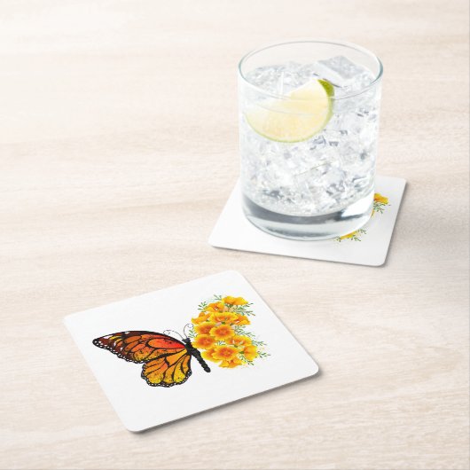 Blume Butterfly mit gelbem Kalifornien-Mohn Rechteckiger Pappuntersetzer (Vor Ort)